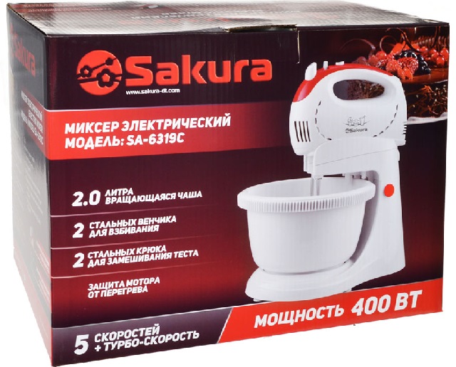 Миксер электрический с чашей SAKURA 400Вт 5скоростей SA-6319CR