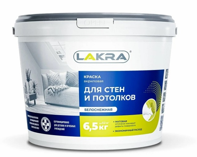 Краска акриловая для стен и потолков белоснежная  6,5кг Л-С Лакра